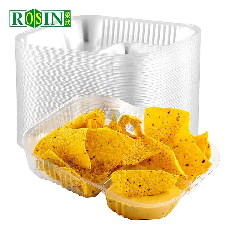 2 Compartment Clear Disposable Plastic Potato Chips Biscuit Cookie Snack Nacho Food Tray
