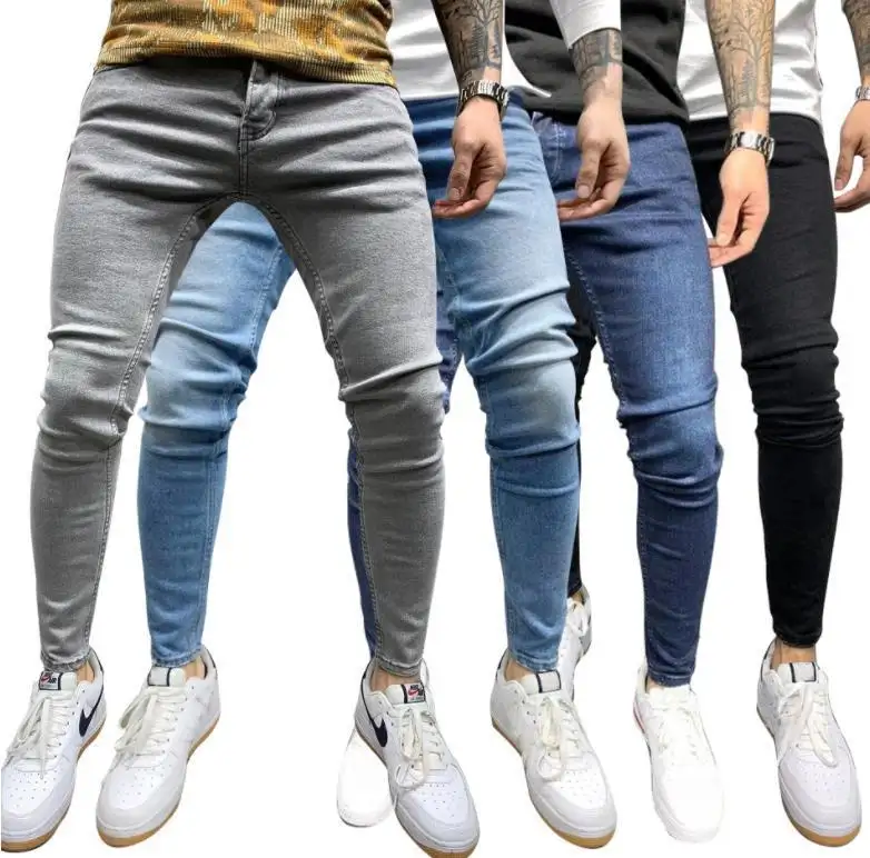 Оптовая продажа, новые мужские эластичные джинсы на заказ, однотонные уличные джинсы, облегающие длинные брюки-карандаш, мужские повседневные брюки, повседневные обтягивающие джинсы