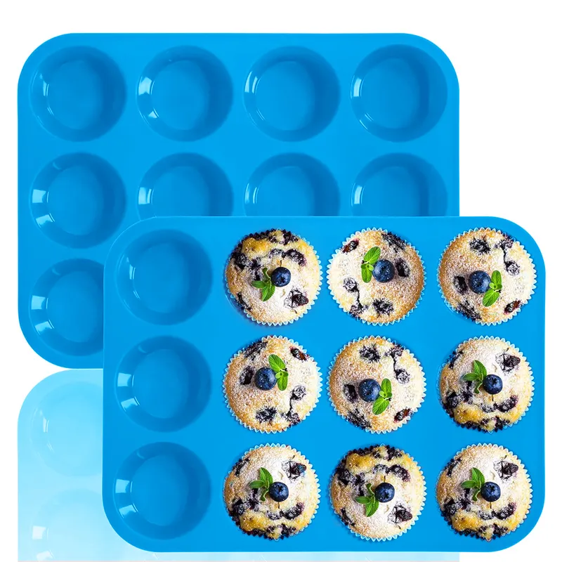 Molde resistente ao calor de qualidade alimentar em formato personalizado para cupcake de 12 xícaras de silicone macio mini assadeira para muffins