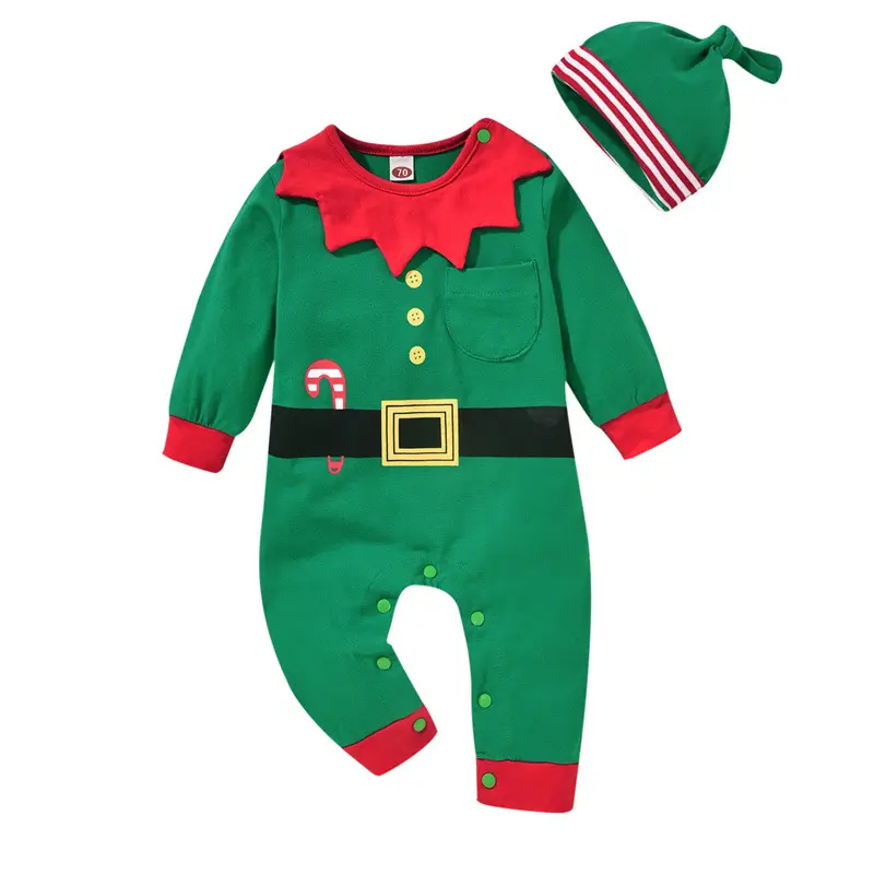 कपास मिश्रणों Elastane ग्रीन 2 Pcs सेट टोपी नवजात लंबी आस्तीन बच्चे क्रिसमस Romper