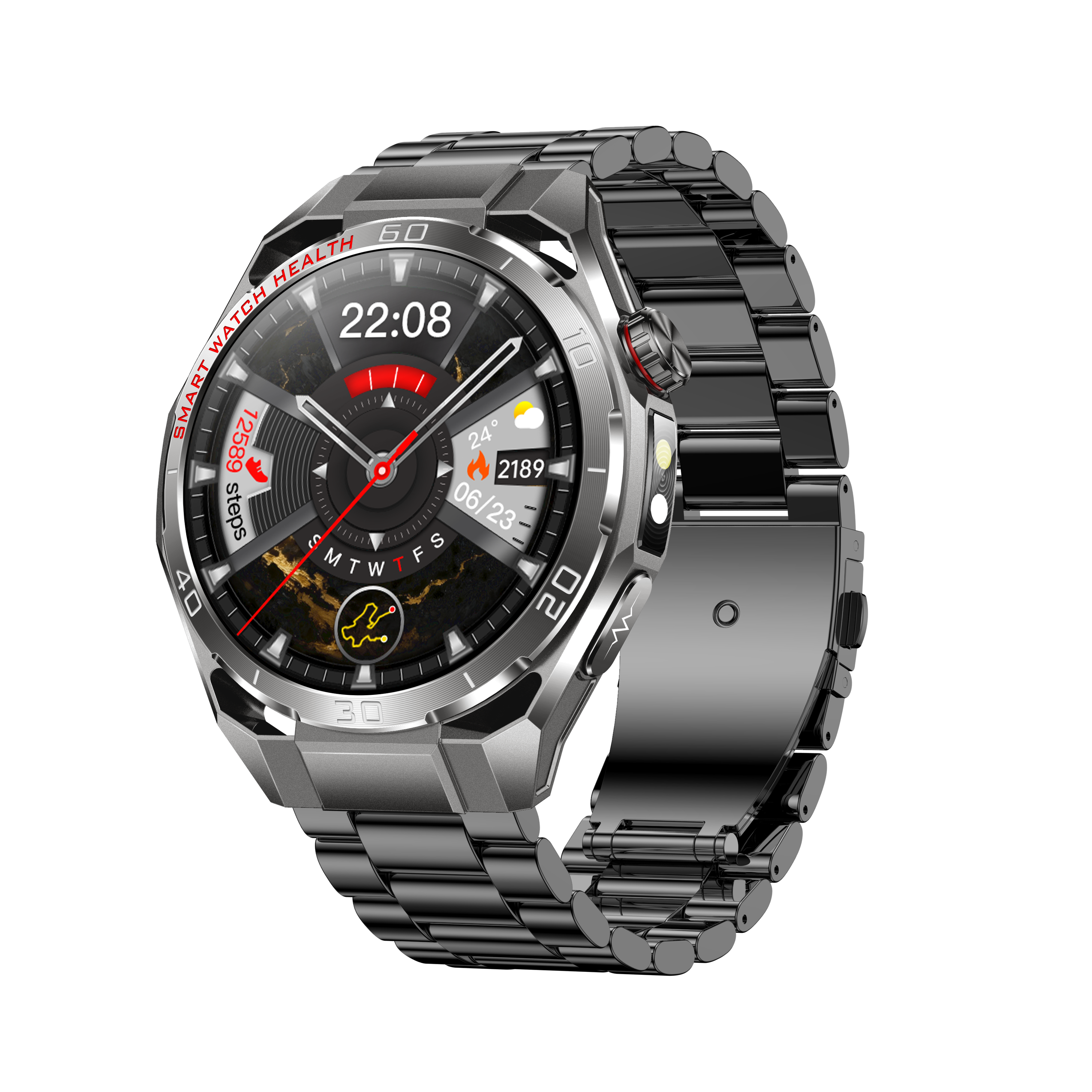 Correa de reloj de metal negro.