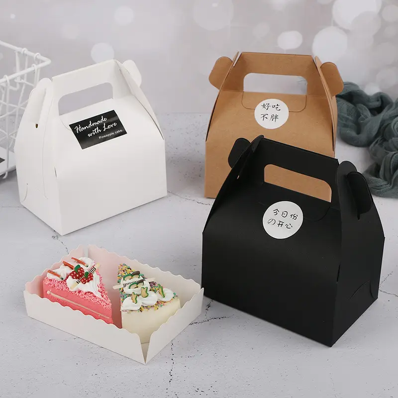 Scatola di pasticceria portatile all'ingrosso di fabbrica scatola di imballaggio per torta pieghevole a mano in carta Kraft Mousse da forno Dessert fiocco di neve