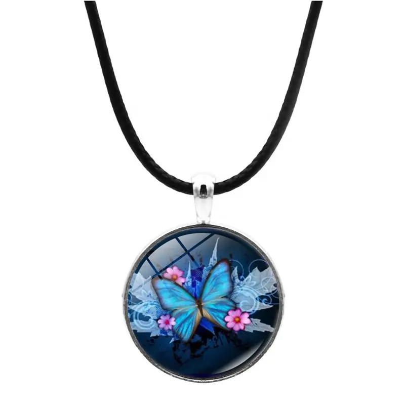 Couple Leather Necklace Blue Time Gem Glass Fashion Jewelry Pendant Flower Butterfly Necklace