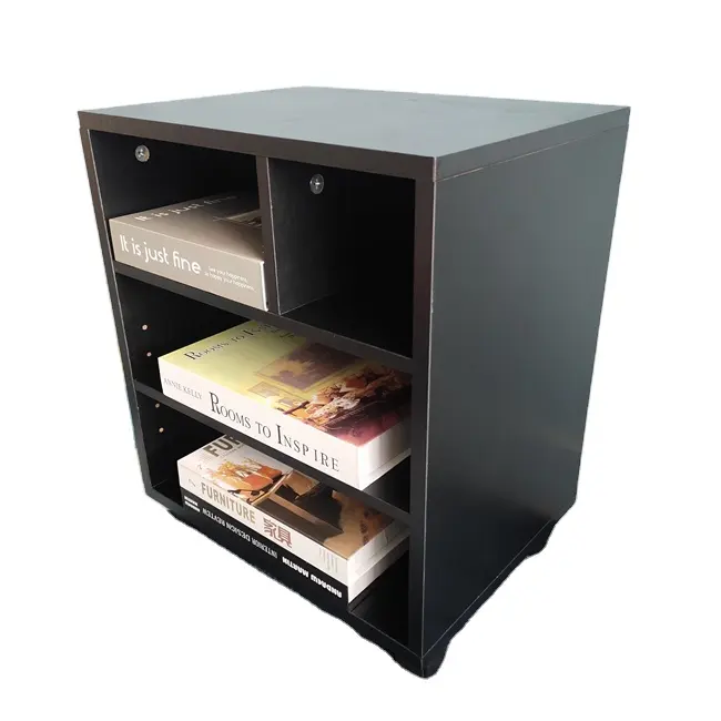 Printer Stand with Wheels, Black Wood Printer Table under Desk Storage, Desk Side Mobile Filling Cabinet 4 Open Storage