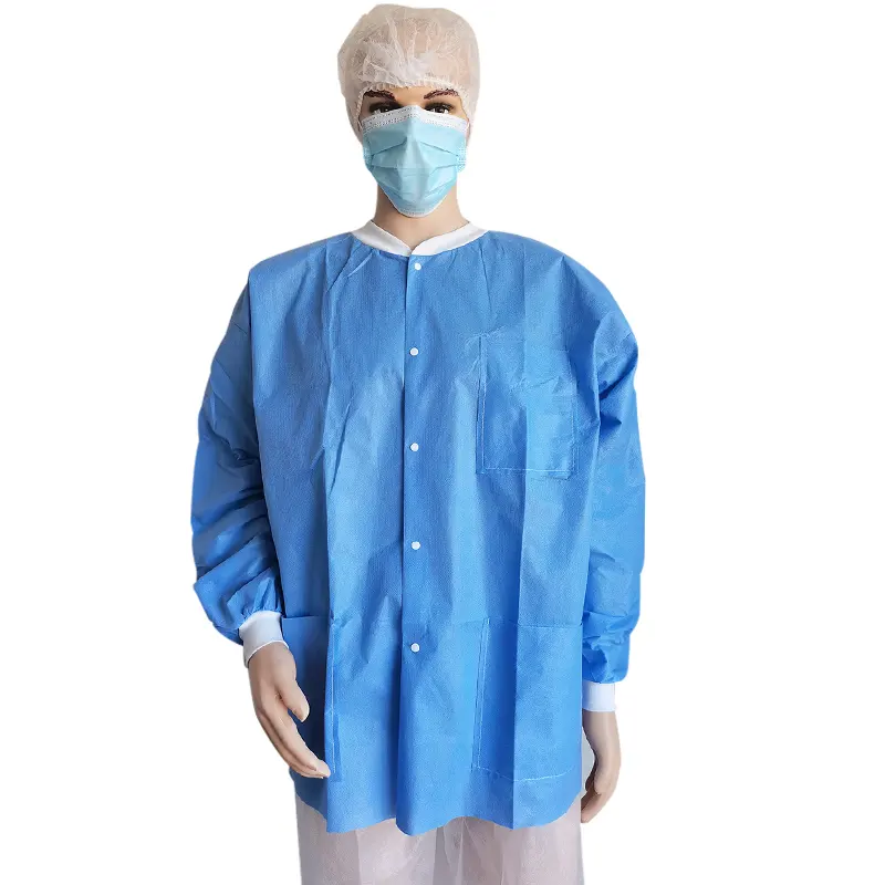 Camicie usa e getta per forniture mediche giacche da laboratorio blu scrub medico per lunghezza dell'anca SMS con tasche polsini e colletto in maglia