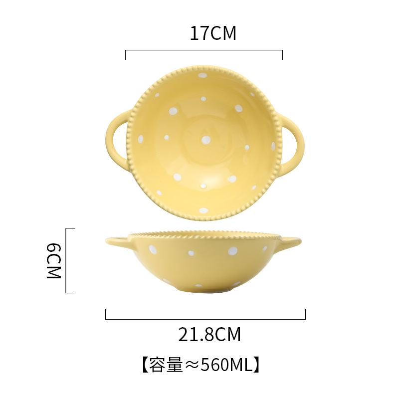 Bol à soupe jaune à pois, double anse et motif perlé.