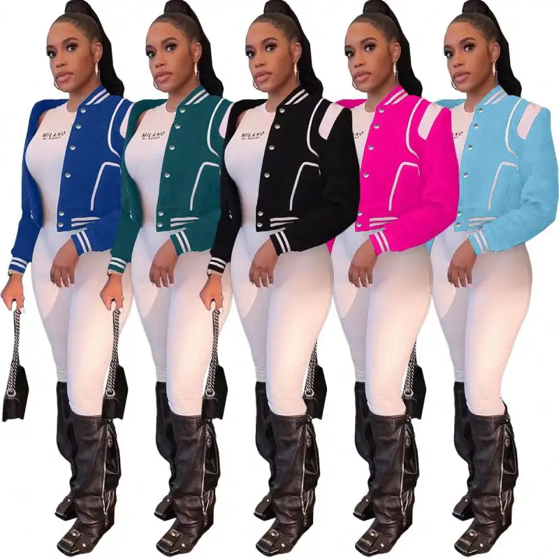 Fashionable Fall Winter Women Clothing Customize Blank Double Rib Bomber Crop Jacket Stitching Baseball Jacket