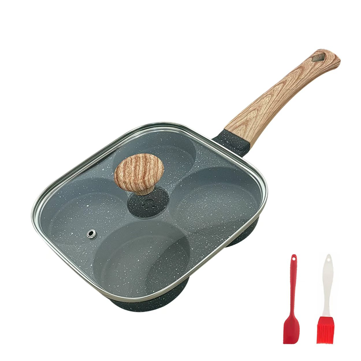 Sartén de 4 orificios con tapa de vidrio.