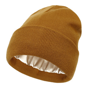 2024 Winter Custom Logo Knitted Beanie Hat Solid Color Satin Lined <strong>Toques</strong> with 3D Embroidery OEM Service