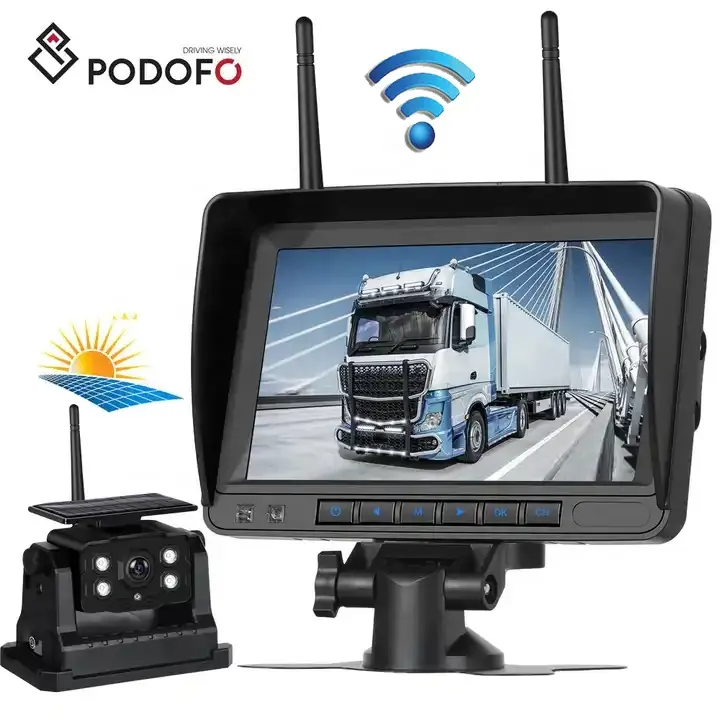 Podofo 7 ''IPS HD Display Wireless telecamera solare retromarcia registrazione telecamera posteriore per auto Kit impermeabile DVR per camion scuolabus