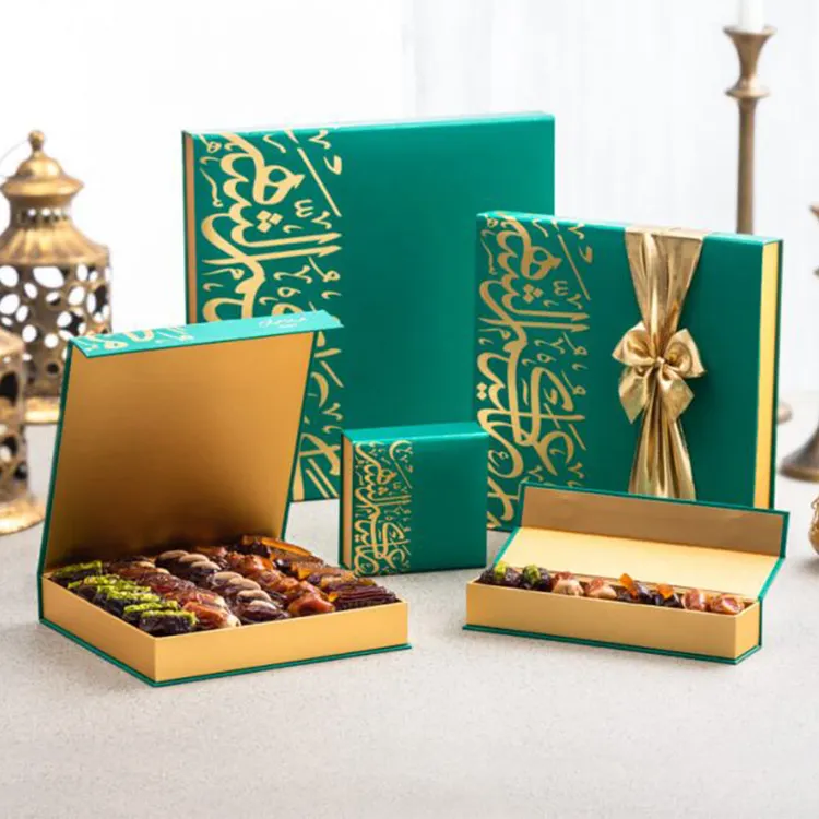 Scatole di data di carta di cartone di cartone a forma di cuore islamico dell'arabia saudita per confezione di datteri di cioccolato regalo d'oro ramadan dubai