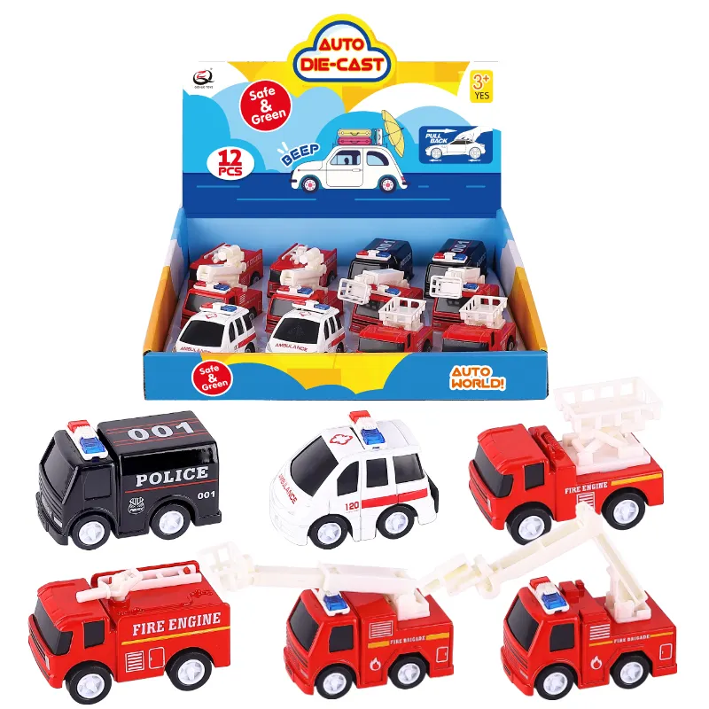 Ucuz Q tarzı 12 in 1 sevimli karikatür geri çekin diecast iyi oyuncaklar yangın söndürme kamyonu 6.5cm mini alaşım araba erkek ve kız