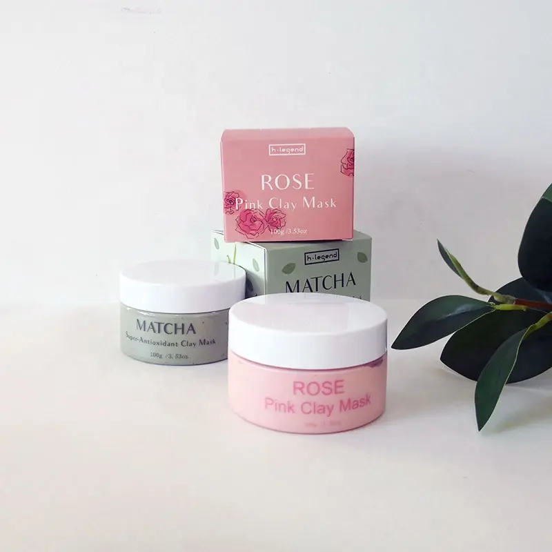 Masque en argile pour le visage au thé vert naturel, marque privée personnalisée, vitamine C, rouge, rose, masque en argile Marine avec brosse