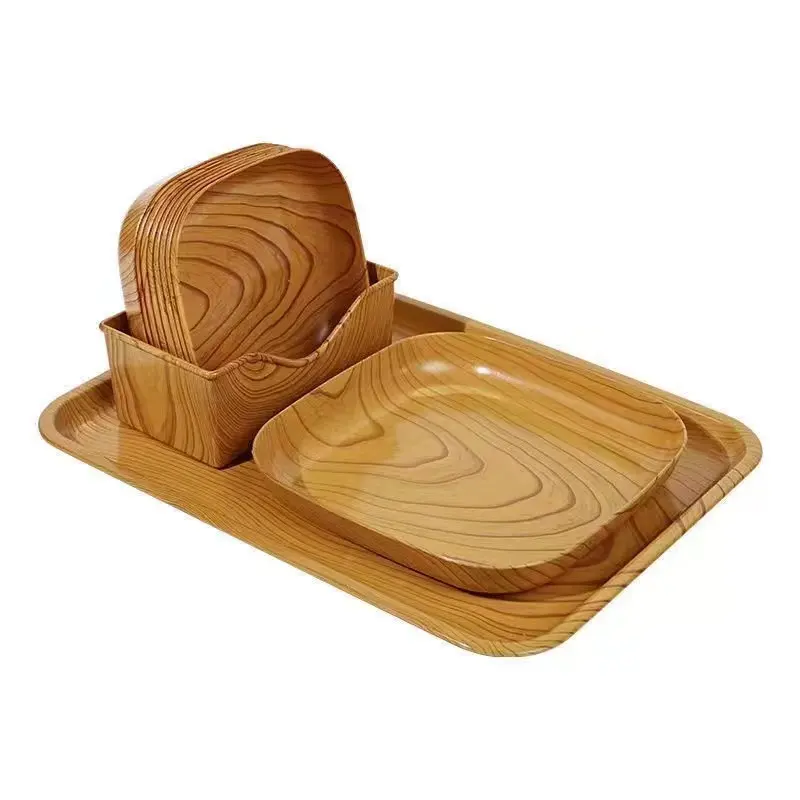 Ensemble de vaisselle couleur grain de bois Plateau à gâteaux aux fruits Stockage des résidus alimentaires Plateau en plastique Dessert Snack Plats Assiettes en plastique