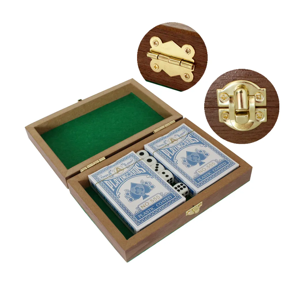 Juego de póker de caja de madera MDF con dos barajas de cartas y cinco dados, ideal para amantes del póker y principiantes, personalización disponible