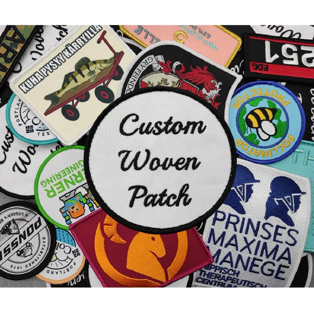 2024 Hot Sell Custom Iron On Woven Label Patch Atacado Brand Logo Badge Woven Patches para Vestuário