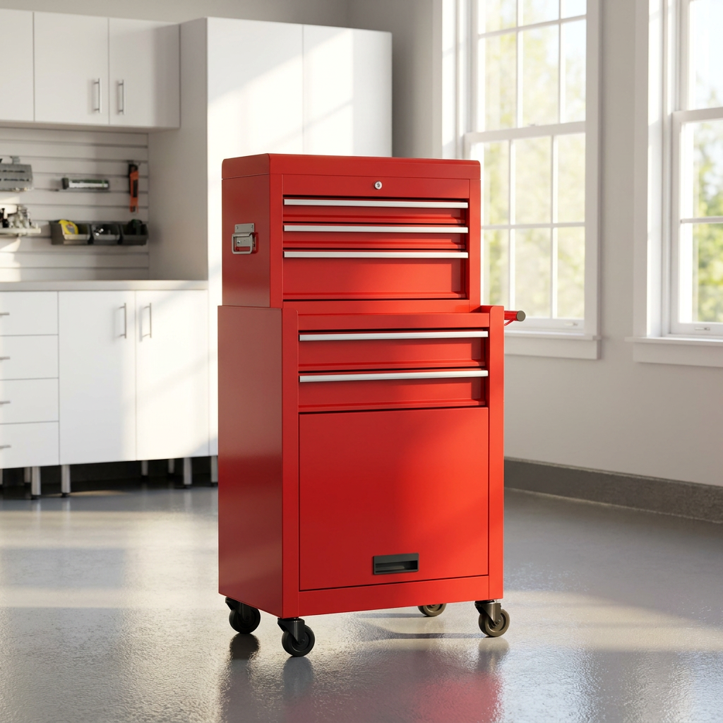 Coffre à outils rouge avec 5 tiroirs et armoire combinée