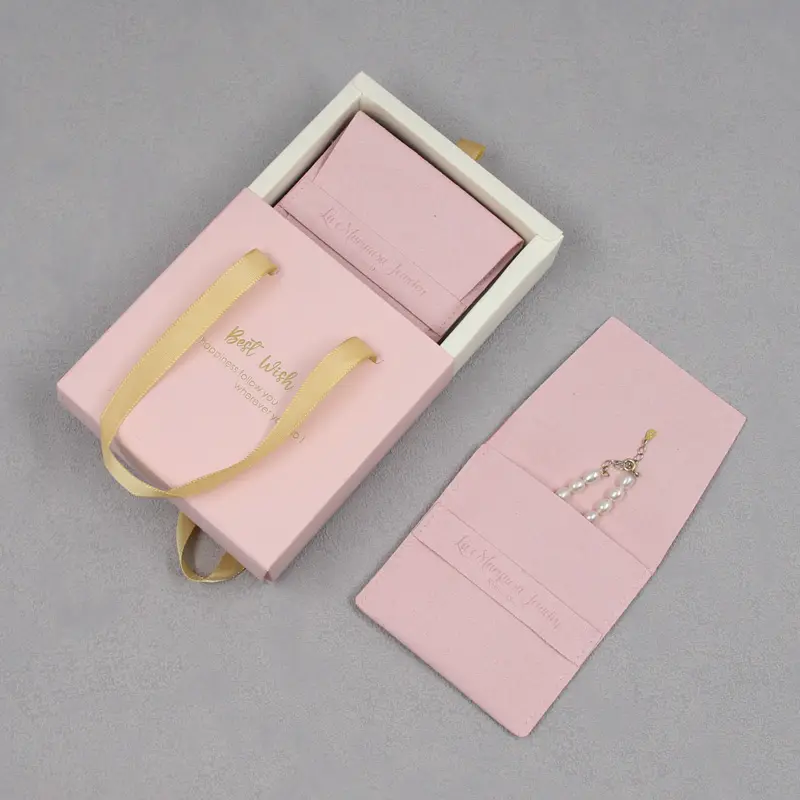 Personalizado pequeno rosa anel de papelão papel gaveta embalagem caixa de jóias e saco com logotipo impresso