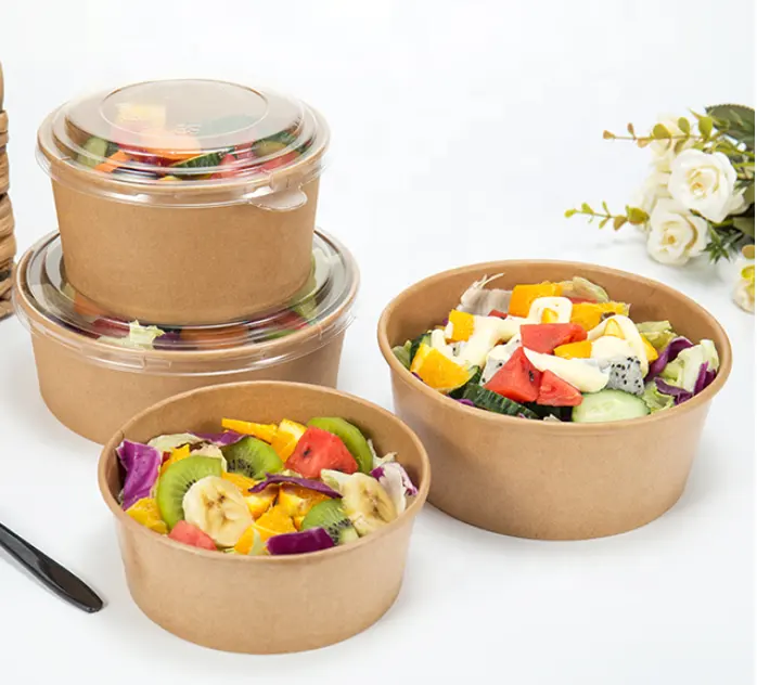 Tigela de papel Kraft descartável personalizada biodegradável Eco amigável para levar comida quente embalagem caixa tigelas de sopa salada com tampa