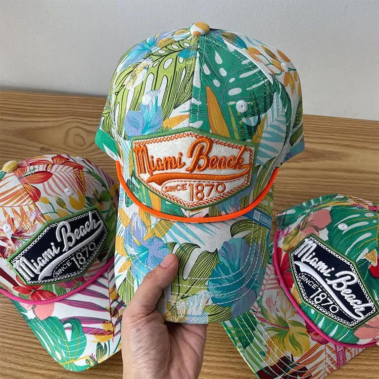 Venta al por mayor al aire libre playa estilo 6 paneles gorra de béisbol impresión bordado parche Logo gorra de camionero con cuerda