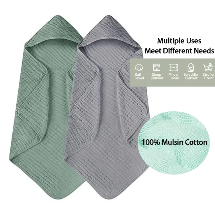 Sostenible 6 capas Extra absorbente transpirable antibacteriano personalizado sólido Swaddle Sleep Manta con capucha Toalla de baño Bebé