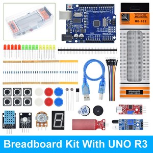 Kit di avviamento per Breadboard Arduino Uno R3 kit di apprendimento semplice di base, rilevamento del livello del suono/acqua/umidità/distanza, controllo LED
