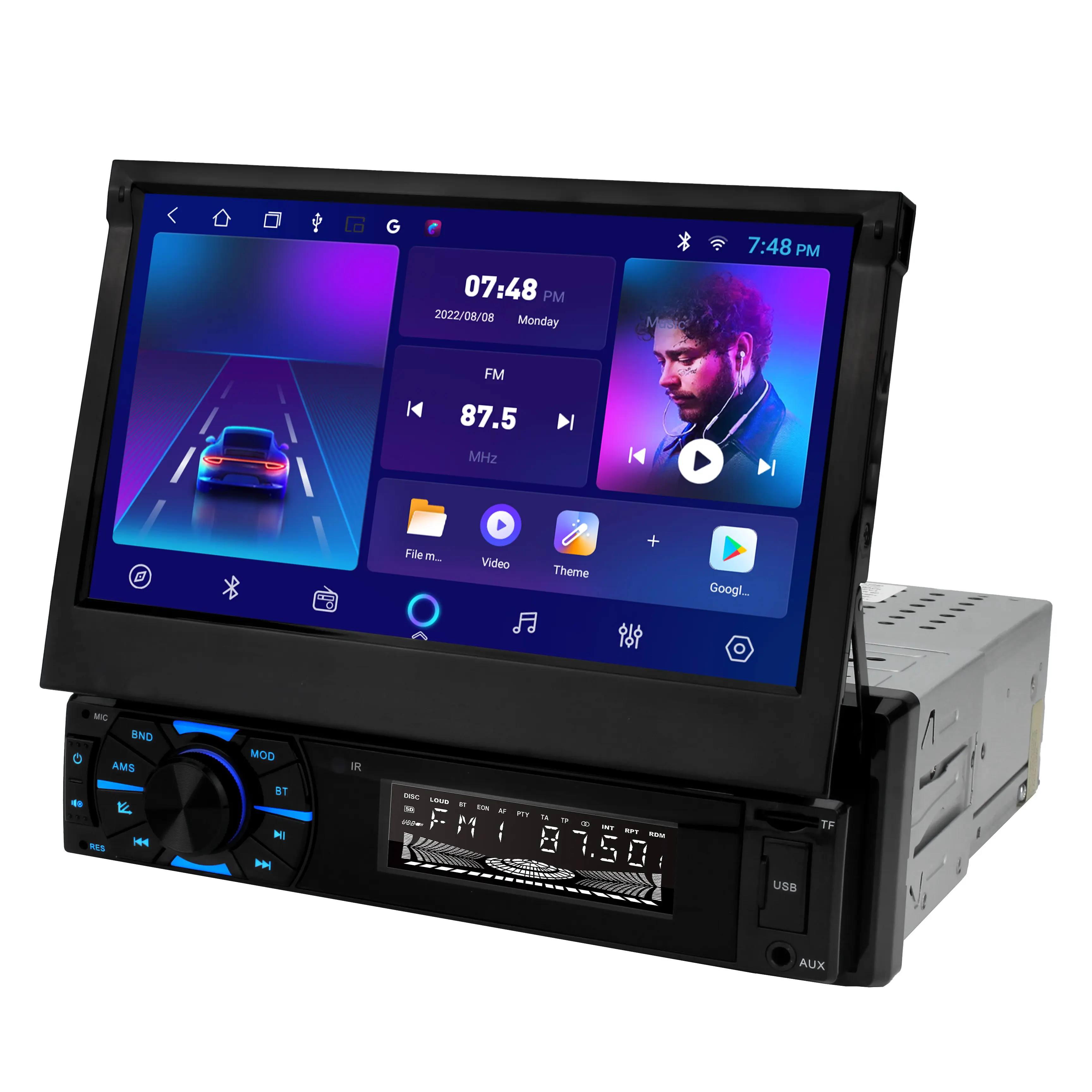 Autoradio Android 10 1 + 32 1 Din, écran tactile rétractable de 7 pouces, Gps, Wifi, Bt, Fm, Rds, Aux, stéréo, lecteur audio de voiture