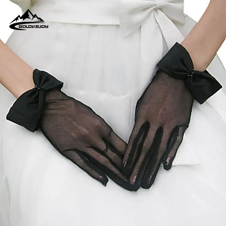 GOLOVEJOY XHDJ Black Bowknot Jacquard Women Glove Lace Fashion Fabric Bridal Gloves Wedding Party Decoration Short Glove Lace