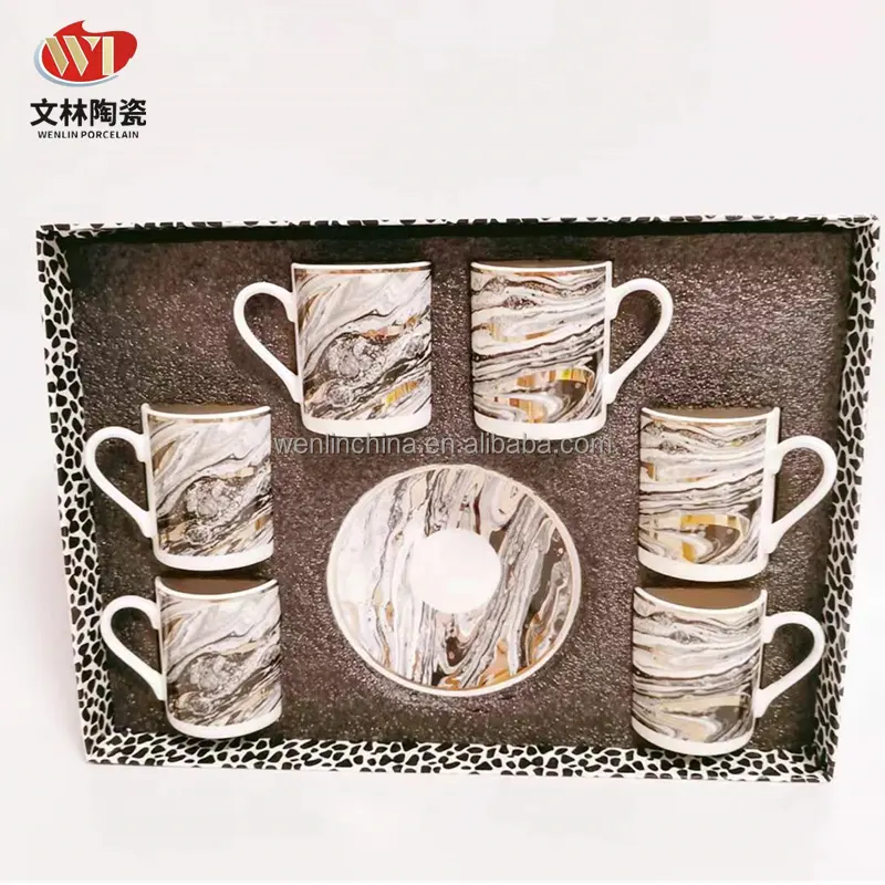Wenlin factory 250ml tazza in ceramica caffè al latte tazza da tè e piattino set 8 once prezzo all'ingrosso con design in oro