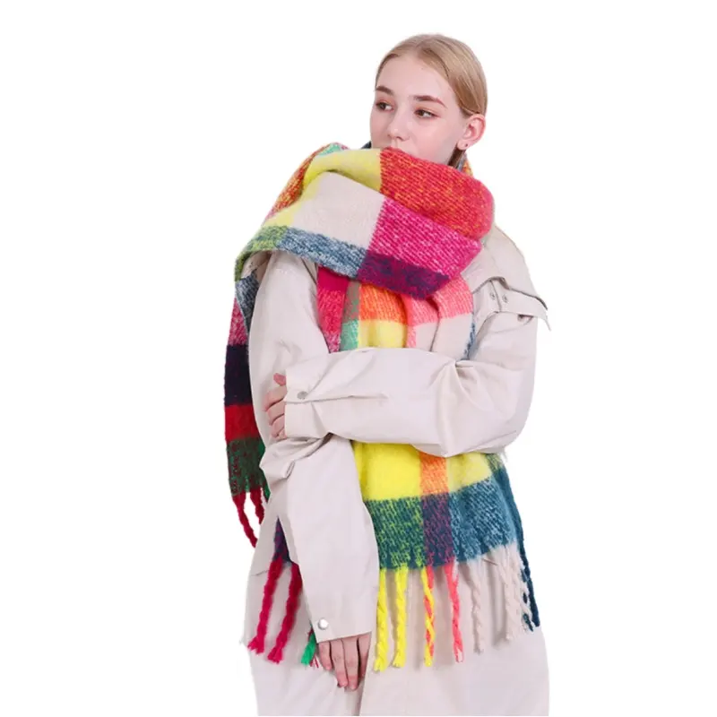 Écharpe d'hiver chaude de couleur unie pour femmes, écharpe en Faux cachemire avec pompon tissé, vente en gros, 2023