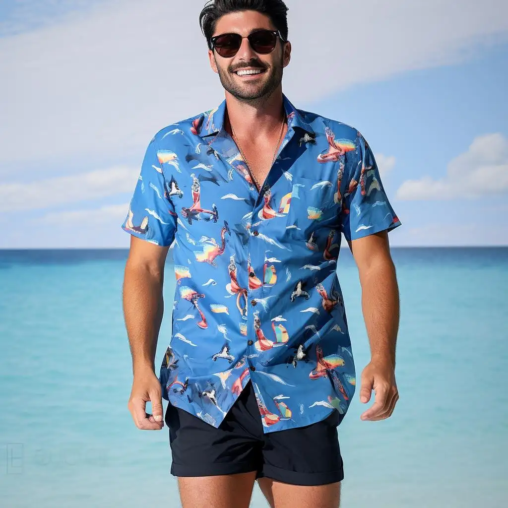 Novo Estilo Personalizado Poliéster Tecido Floral Mens Combinando Duas Peças Conjuntos Havaianos Roupas Camisa E Shorts Set Para Praia