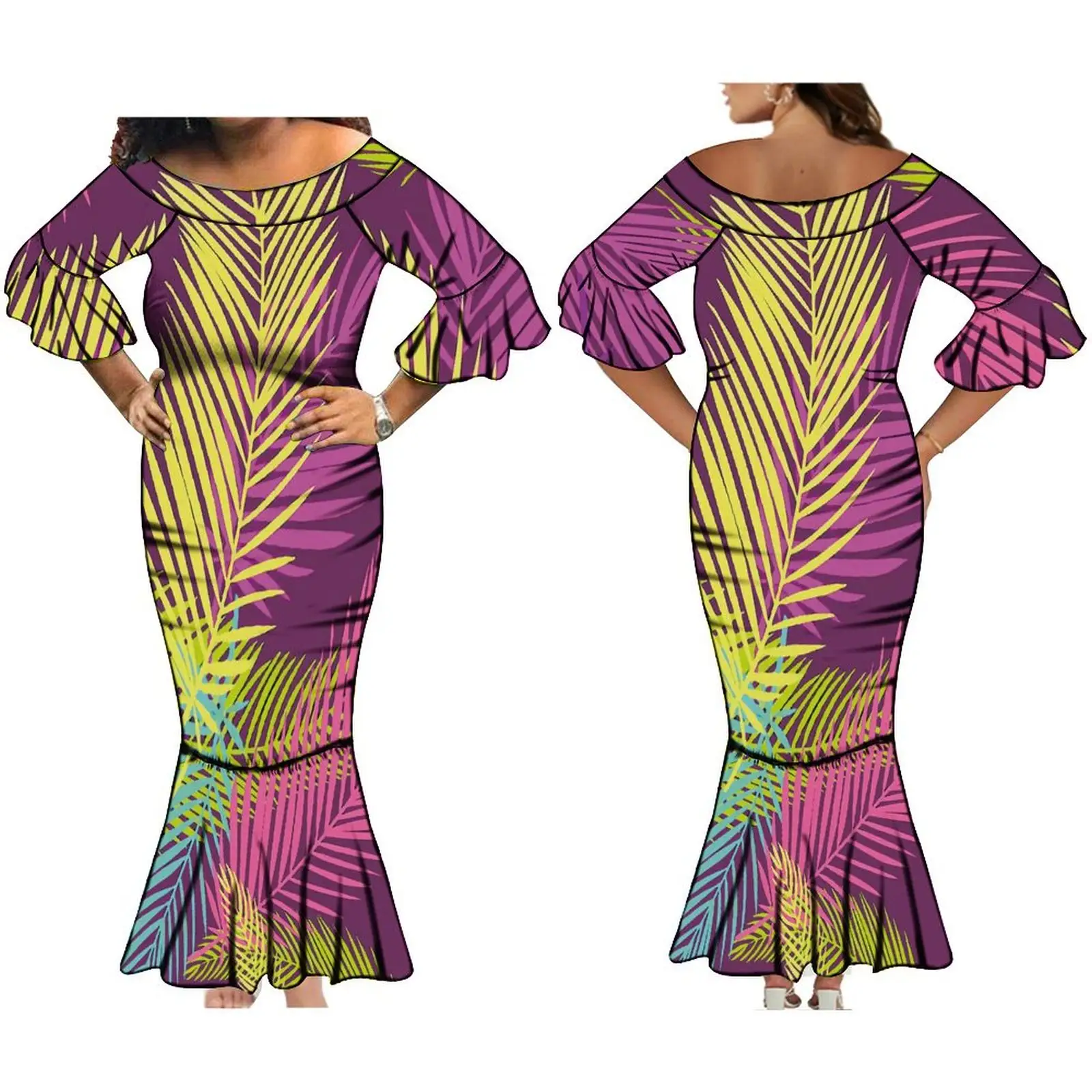 Venta caliente Estilo Hawaiano flor tropical impreso largo ceñido al cuerpo sirena vestidos mujeres personalizado de gran tamaño pétalo manga vestido de fiesta