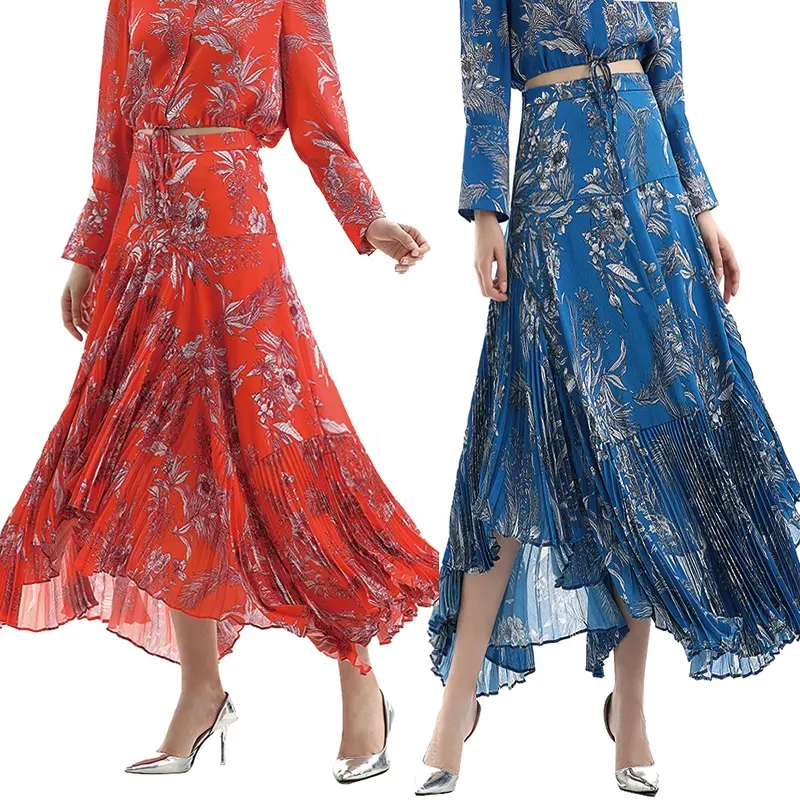 NS069-1 Summer Fall High Quality Fashion Elegant Asymmetrical Print Pleat Long Girls Women Skirts