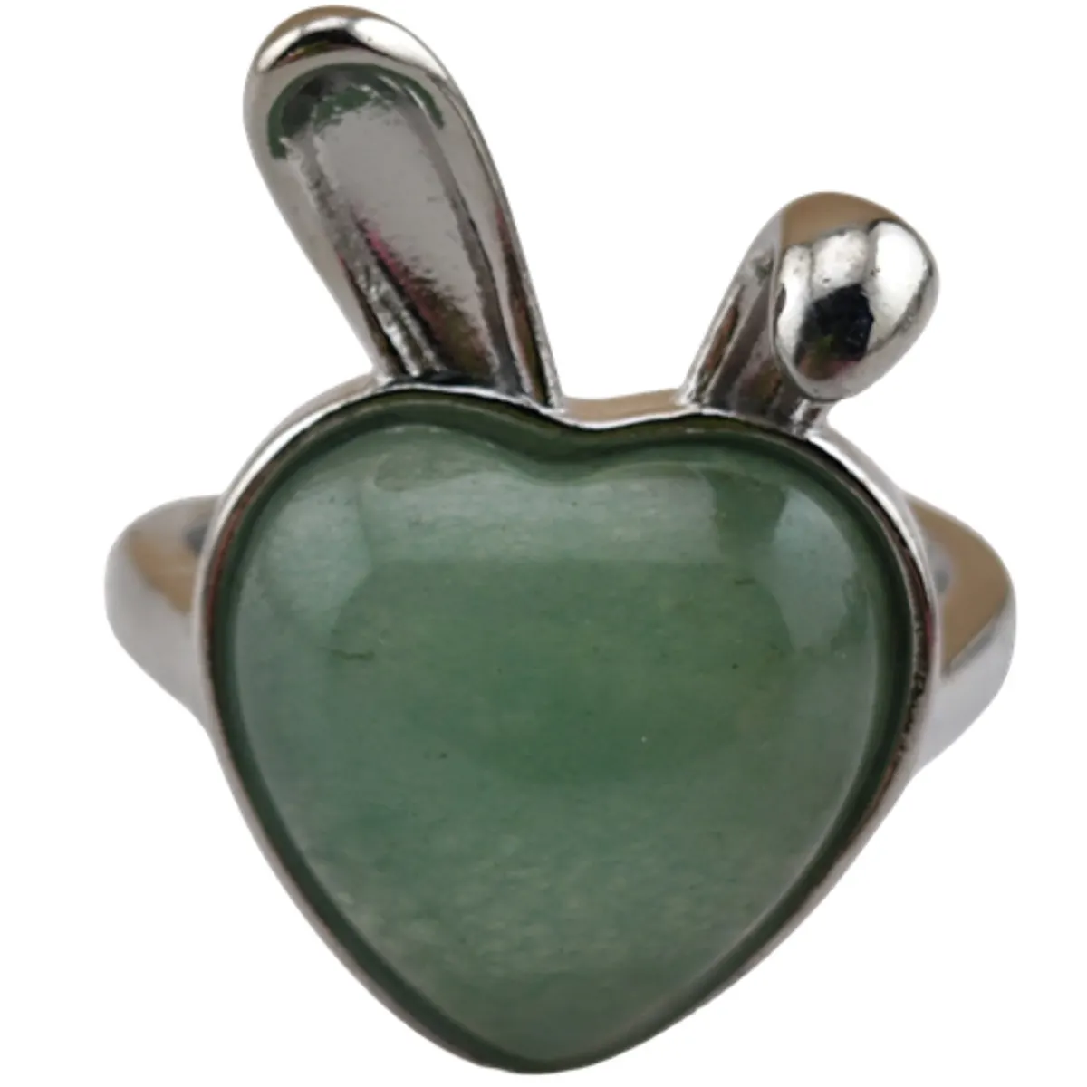 Anillos de piedra de Aventurina verde de conejo plateado para mujeres y niñas, dedo Artificial, amor, corazón, energía, piedra preciosa, 15MM, compromiso de cabina, judío