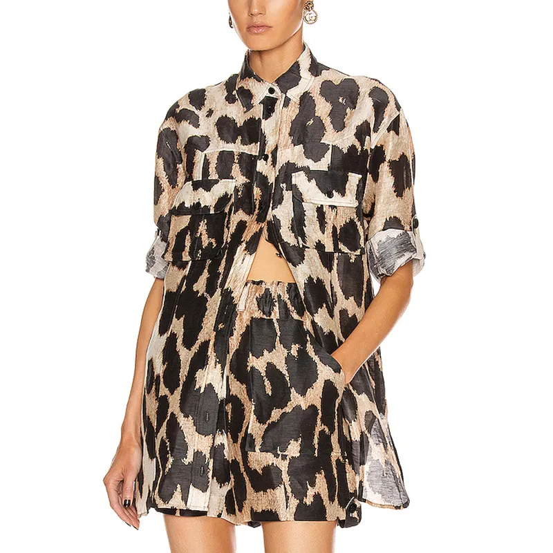Blusa de lino y seda con estampado de leopardo semitransparente para mujer, novedad
