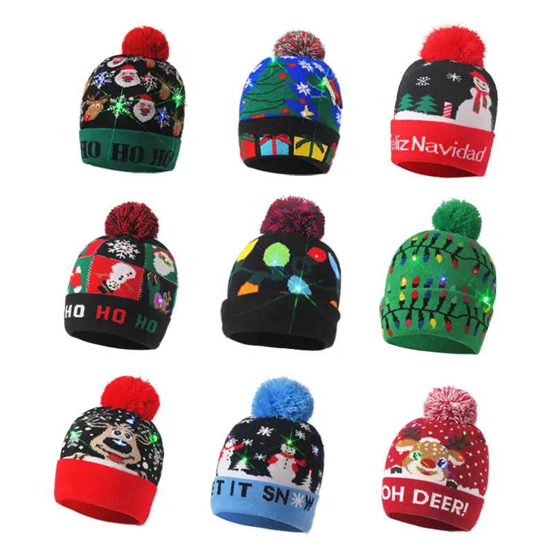 Venta al por mayor Stock Navidad Led nuevo muñeco de nieve Elk Beanie tejido colorido deslumbrante lámpara luz regalos decorativos gorra invierno cálido sombrero