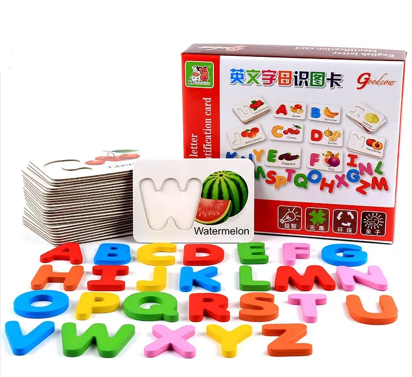 Children's Wooden English Letters Matching Cards Baby Fruits Vegetables Recognition Cards Early Educational Wooden Toys