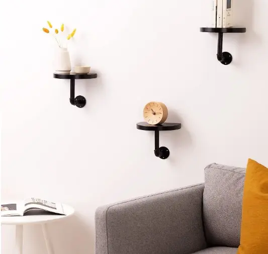 Industrial Pipe Shelf Set - 3 Small Rounded Wood Shelves with Shelf Brackets Wall-Mounted Wooden Shelving - Size S, Black