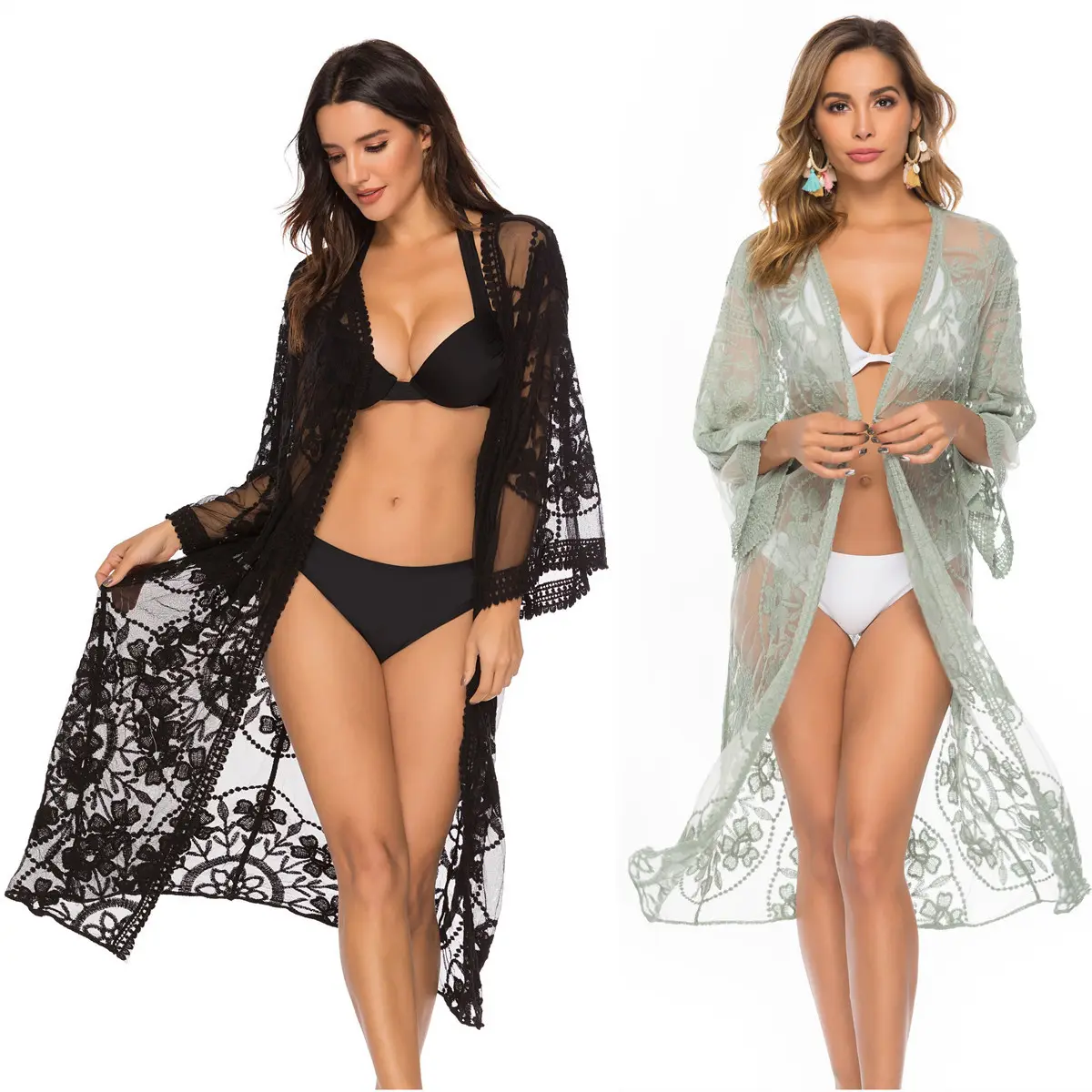 Cardigan brodé en dentelle pour femmes d'usine Sheer Beach Cover Ups Long ouvert Kimono pour femmes