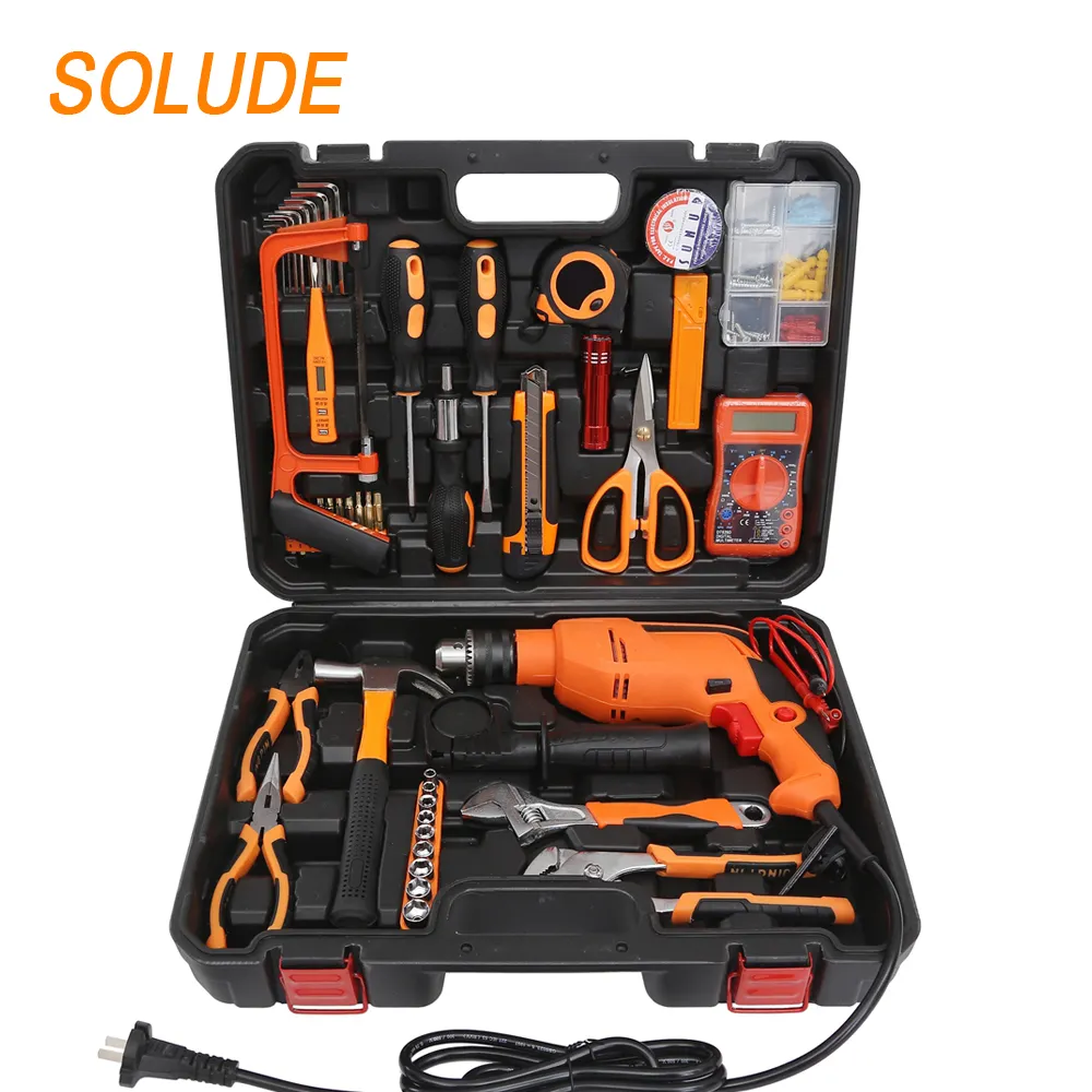 SOLUDE-Kit de herramientas de mano para el hogar, taladro de impacto de 106 piezas con caja de herramientas de plástico, caja de almacenamiento