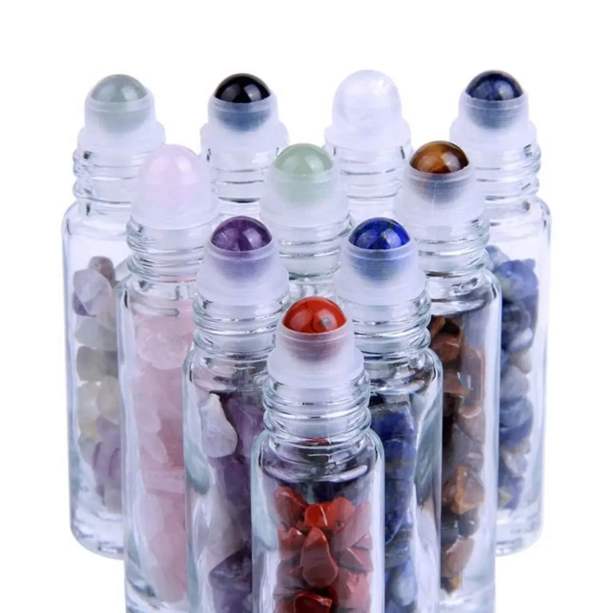 Botellas de rodillos de vidrio de 10ml con tapas decorativas Mini Chips de cristales caídos dentro de rodillos de piedras preciosas naturales Bolas de rodillos de piedras preciosas