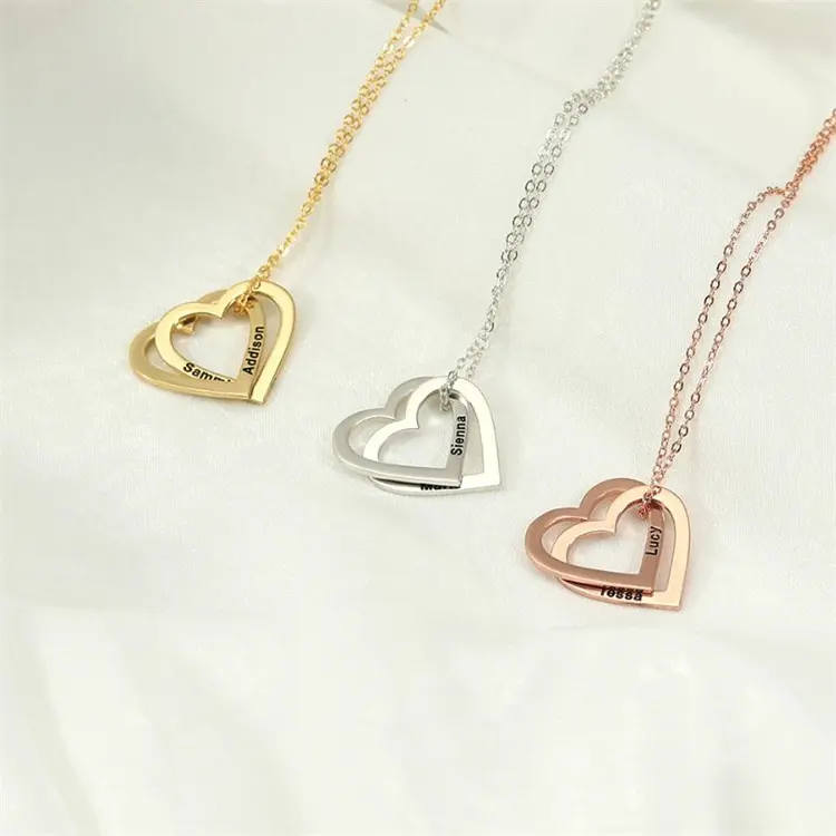 Collar con colgante de corazón calado para mujer, grabado personalizado, dos nombres, coreano, de acero inoxidable, doble corazón