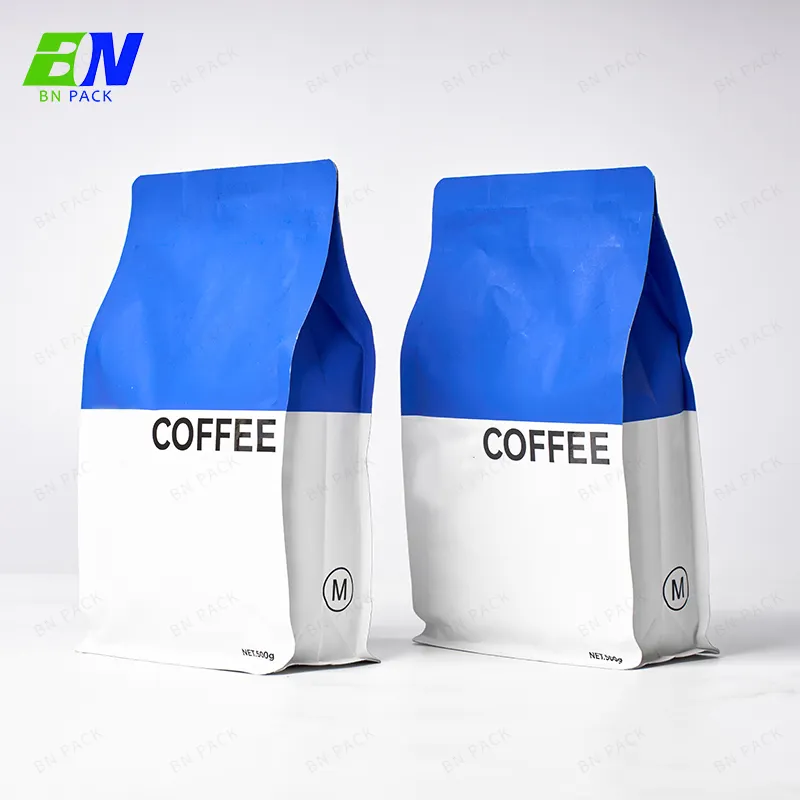 Customized Biodegradable Coffee Flat Bottom Bag with Valve Food Plastic Bag 500g 1000g Tea PE Food Package Transparent Bag