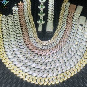 Popüler Mossanite küba zincir erkekler iç<span class=keywords><strong>in</strong></span> 2 satırlar 8mm-14mm genişlik Hip Hop kolye takı 925 katı gümüş zincir kolye