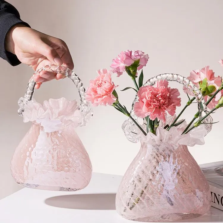 Florero de bolso de cristal exquisito y lujoso, cesta de flores de vidrio, arreglo y decoración del hogar para sala de estar