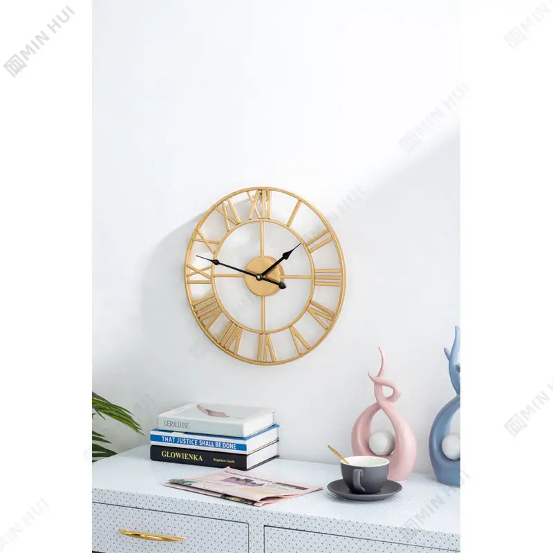 Reloj de pared clásico en forma redonda, de Metal, 24 pulgadas, 60cm, antiguo, Industrial, esqueleto de hierro, números romanos, decoración del hogar, negro