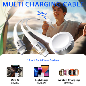LISEN 3合1可伸缩车载充电器USB C电缆3.6ft快速充电适用于iPhone 16 15 14苹果手表超多设备充电器