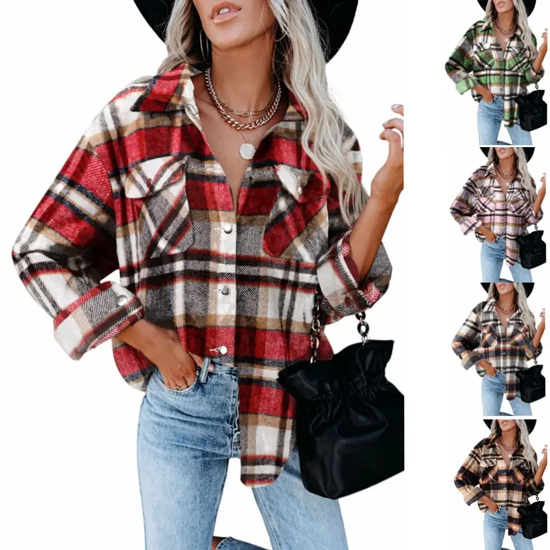 Best Seller Womens 3Xl Button Down Woolen Shirts Casual Long Sleeve Plaid Jacket Blouses Tops