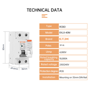 EKL8-40M RCBO 1P N 10mA 30mA 100mA 300mA interruttore di corrente residua con protezione in sovracorrente