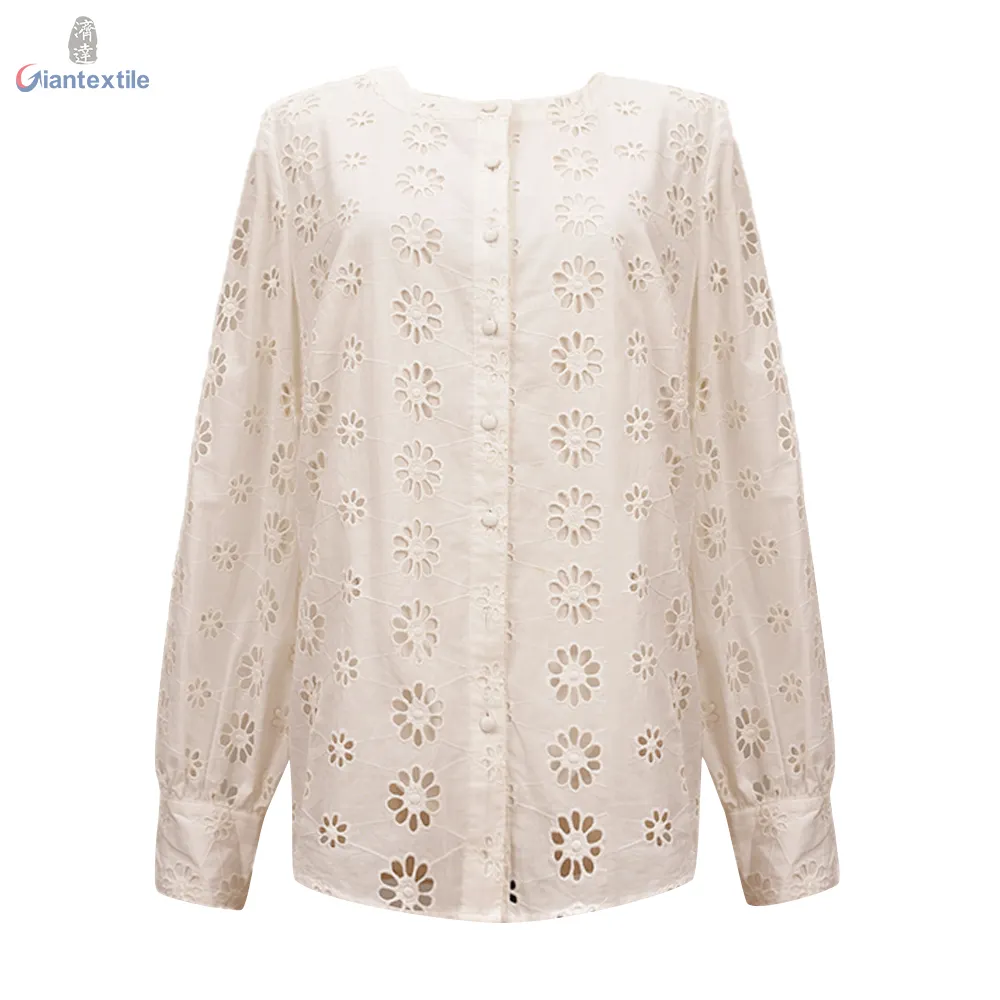 Mais novo Design Moderno Camisa de manga comprida branca camisa bordada com recorte liso 100% algodão das mulheres